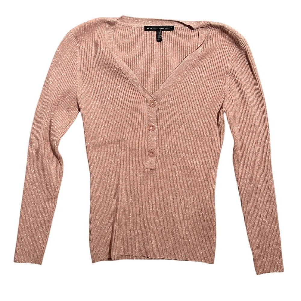 White House Black Market WHBM M Rose Gold Shimmer Ribbed Knit Henley Top Blouse - Picture 1 of 6